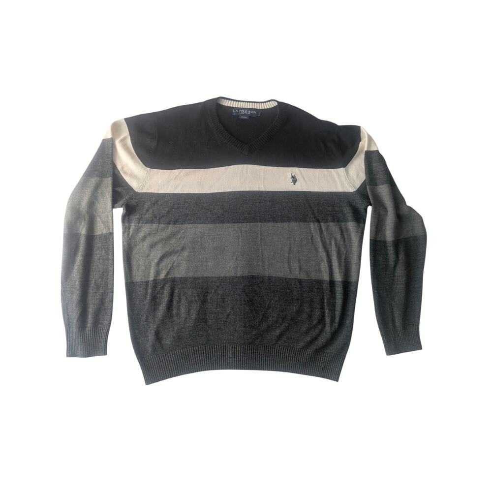 U.S. Polo Assn Mens Large V Neck Sweater Striped Black Gray Preppy Casual Knit